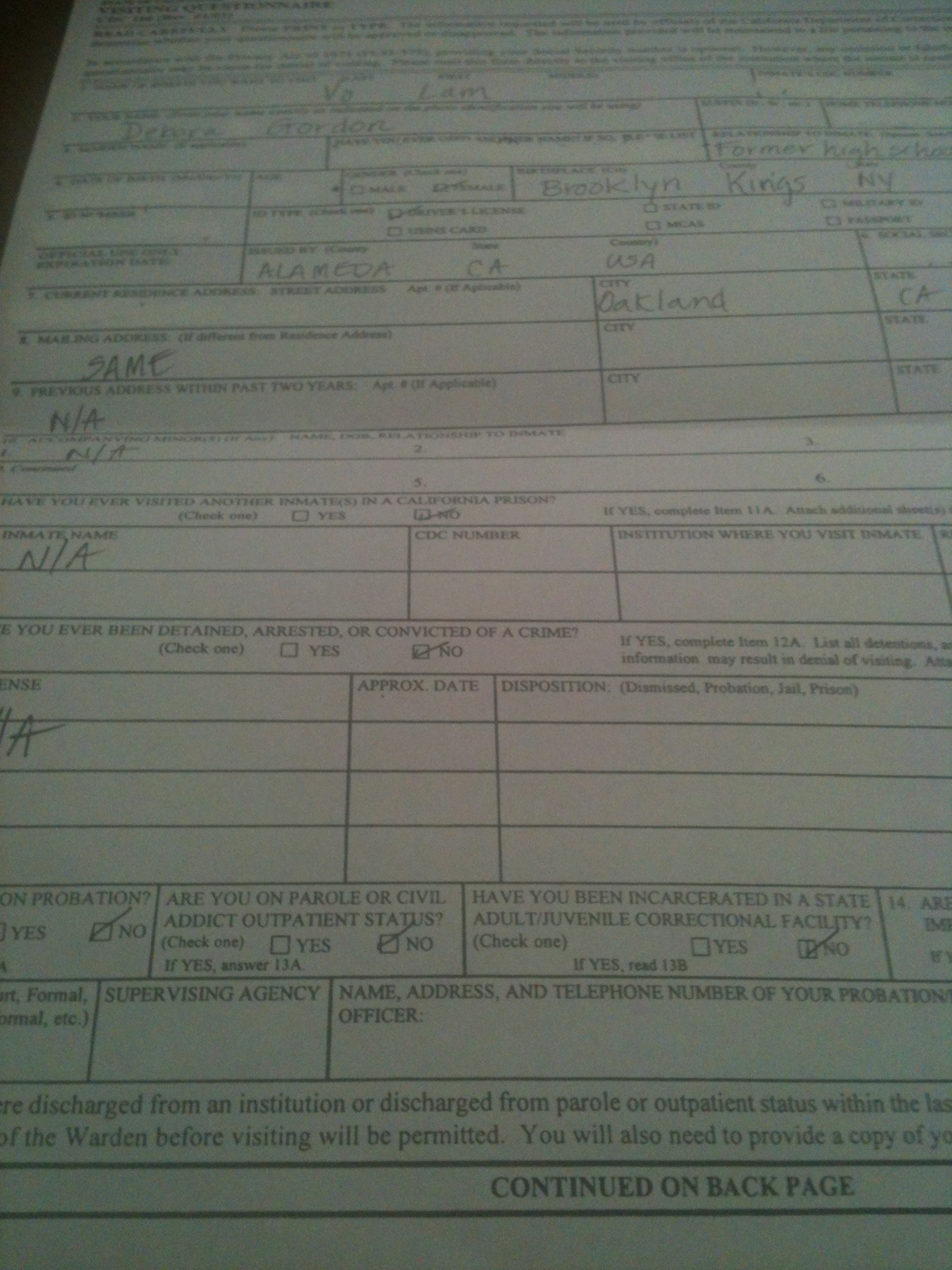 Visiting Questionnaire Front Side 1