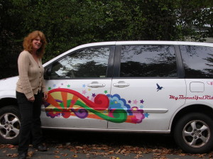 Terry Cullinane and the My Beautiful Ride car with colorful design Oakland Voices/Debora Gordon December 2012