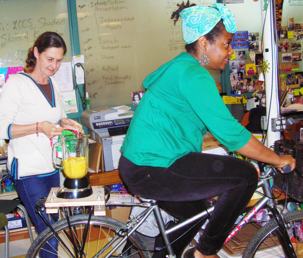Paula Mitchell demonstrates Nancy Fisher's Blender-Bicycle