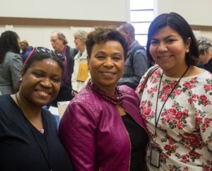 Oakland Voices correspondent Aqueila Lewis, left, Rep. Barbara Lee and Oakland Voices correspondent Rosalinda Hernandez