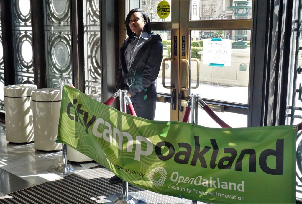 CityCamp banner at entrance to Oakland City Hall.