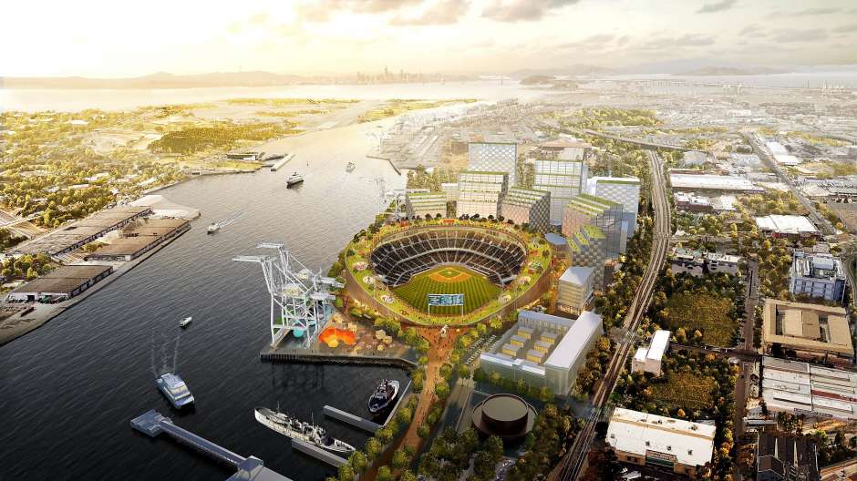An illustrated image of a baseball park near the waterfront in Oakland, CA.