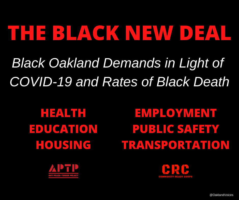 graphic with list of Black Oakland demands, including health, education, housing, employment, public safety, and transportation areas.