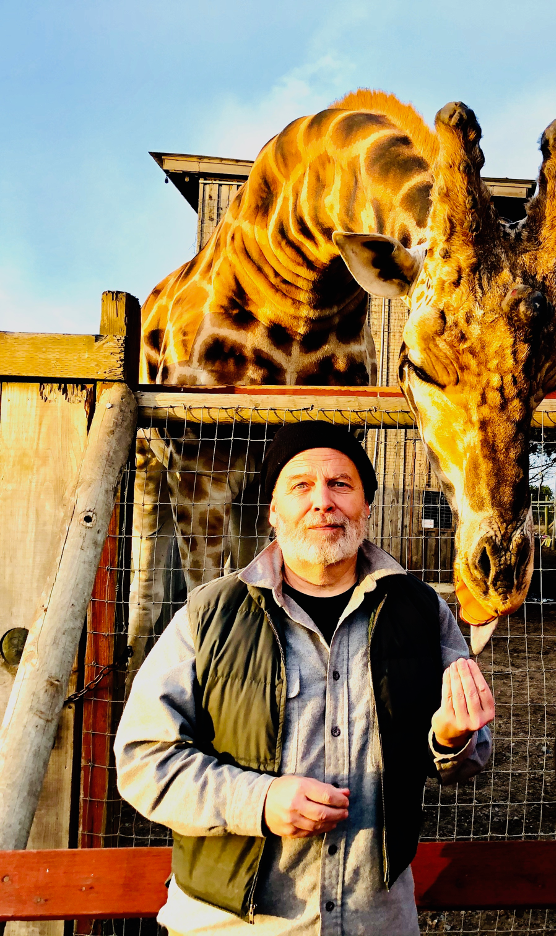A man wearing a beanie stands next to a giraffe