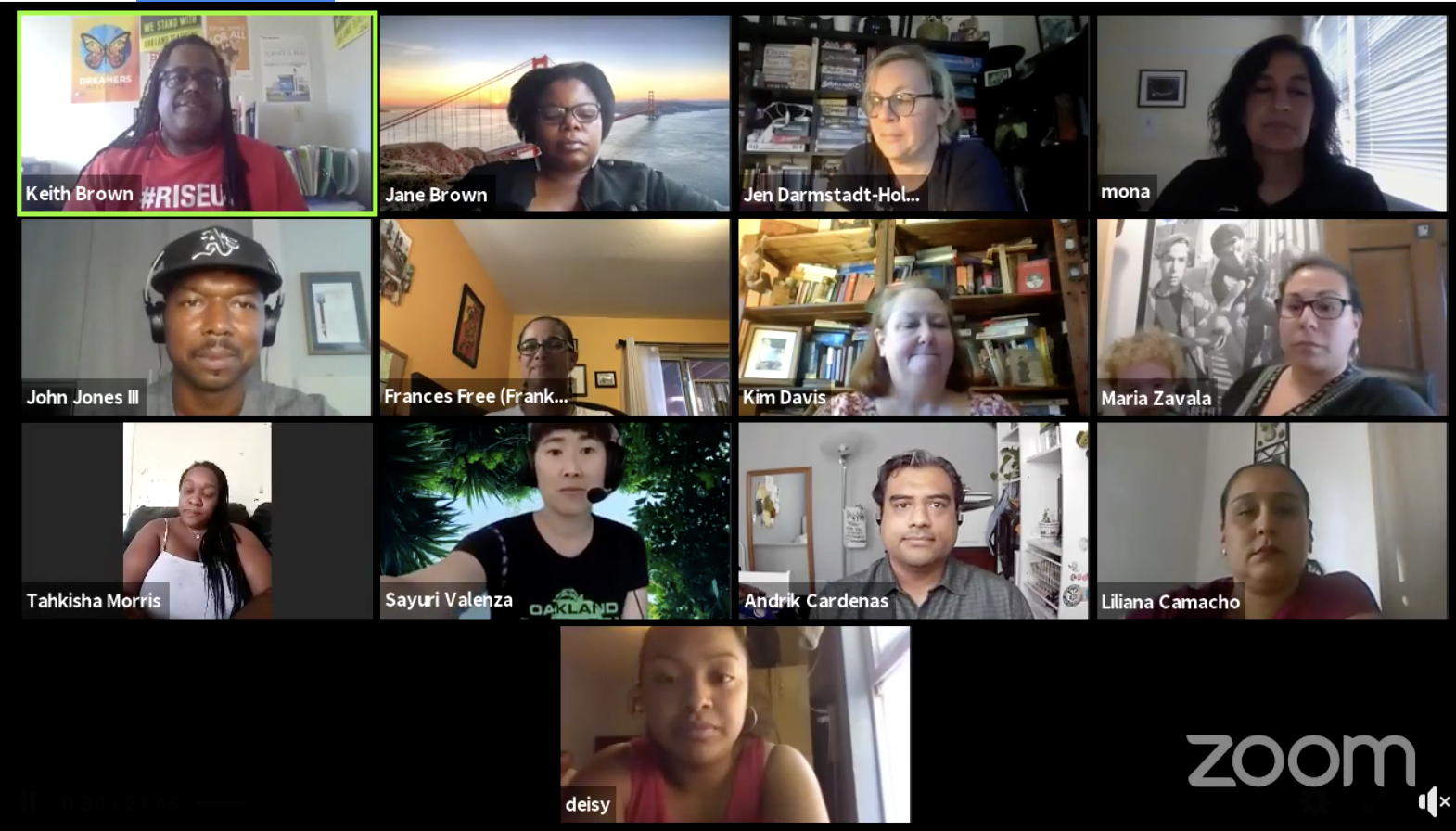 A screen shot of a dozen diverse educators speaking during a Zoom for the Oakland Education Association.