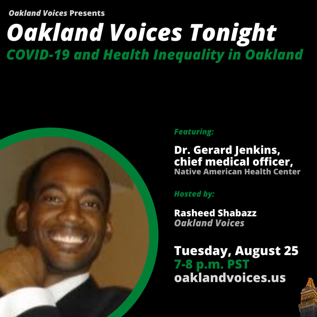 A flyer for Oakland Voices Tonight with Dr. Gerard Jenkins.