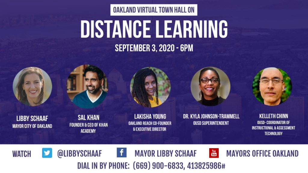 An image of a flyer with five faces promoting a distance learning town hall.