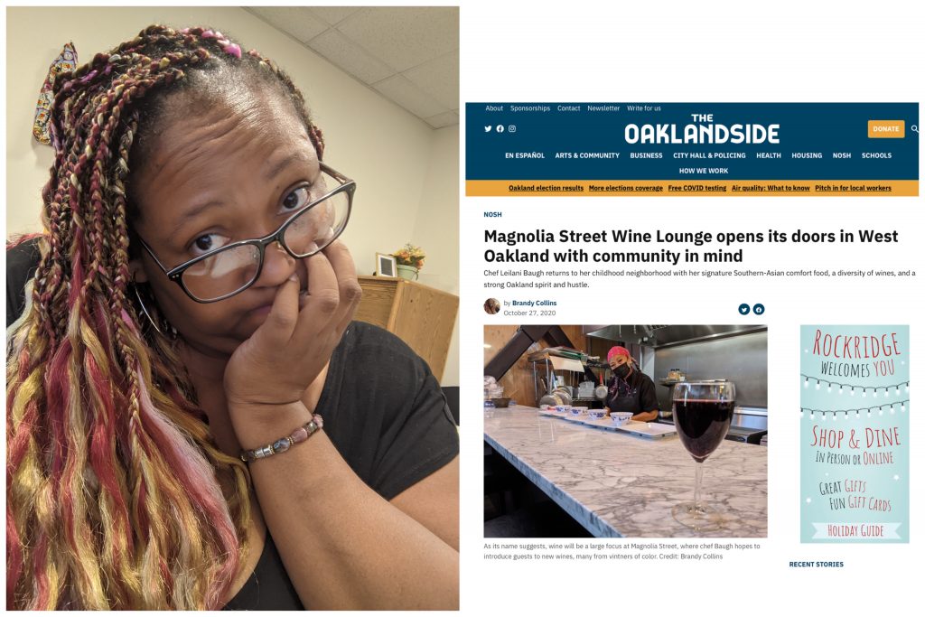An image of a woman wearing glasses and with braids, next to a screenshot of an article from The Oaklandside she wrote.