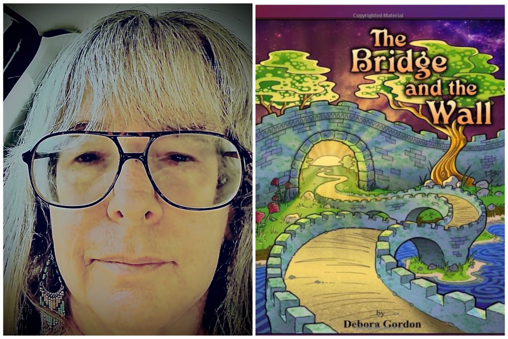 An image of a woman with grey hair and with glasses, next to a colorful image of a children's book cover.