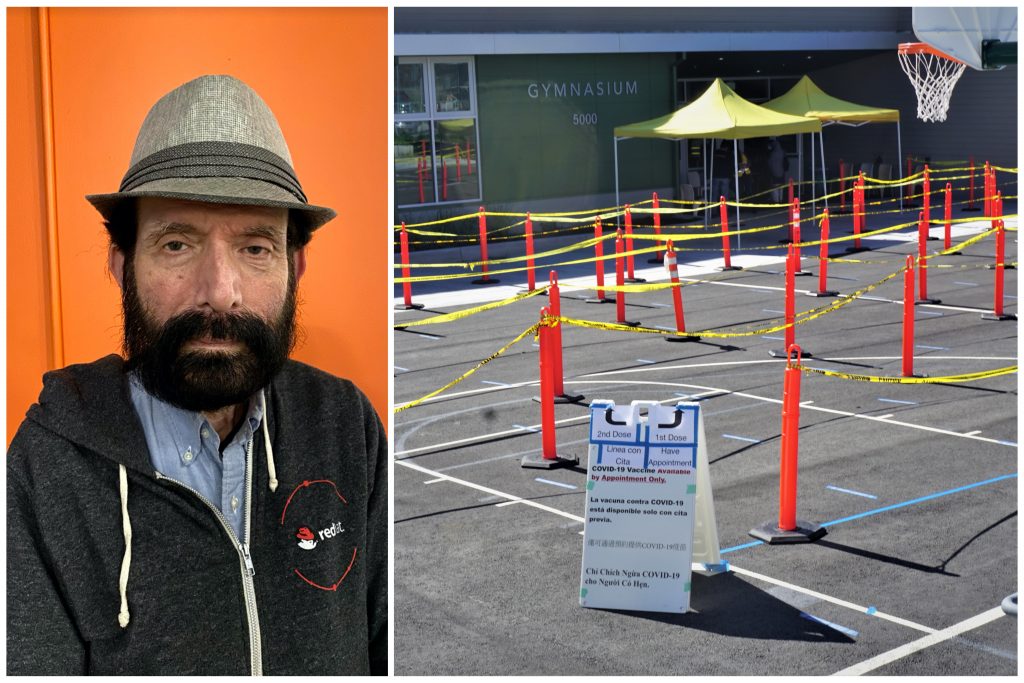 A man with beard wearing a tan hat against bright orange background, next to image of area in front of brand new Fremont High School gym that can accommodate a line for covid vaccines.