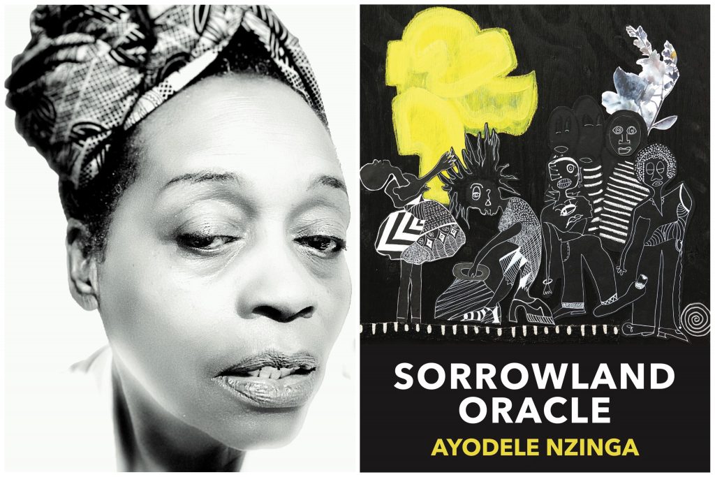 A split screen of a black and white photo of a an African American woman wearing a head wrap, and next to it, a book cover that is yellow and black titled "SorrowLand Oracle"