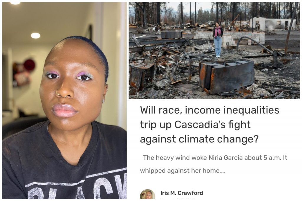 A young African American woman with short hair and the second photo is an image of an article "Will Race, Income Inequalities Trip Up Cascadia’s Fight Against Climate Change?"
