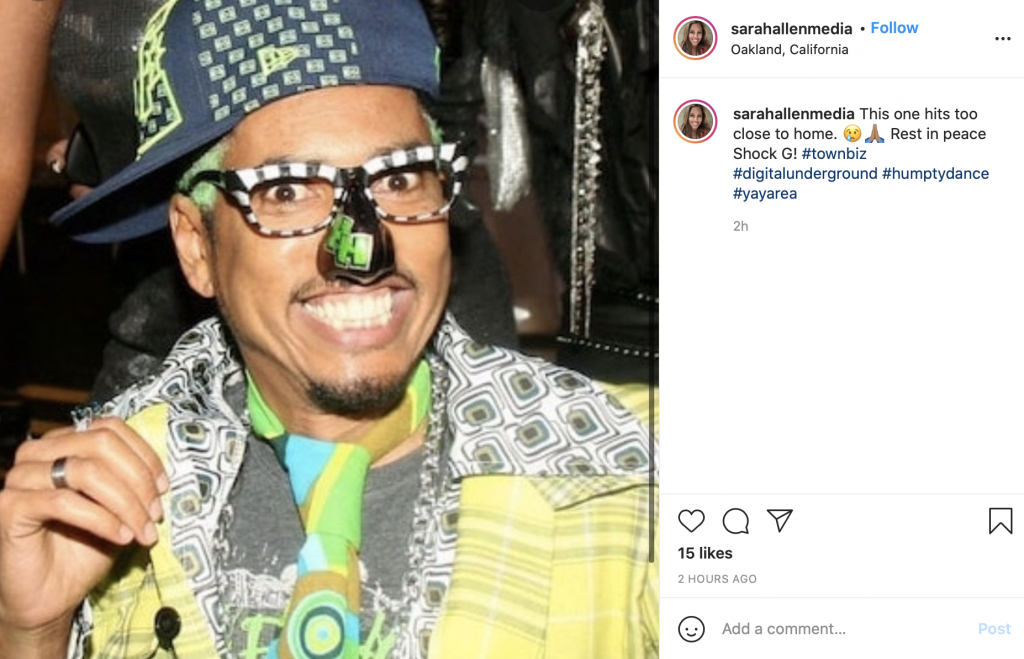screenshot of an instagram post by Sarah Allen with an iconic image of a man wearing a green and lime hat, fake glasses, fake nose, and bright blazer.