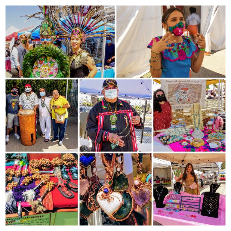 a collage of colorful vendors at the Indigenous Red Market, and some performers as well.