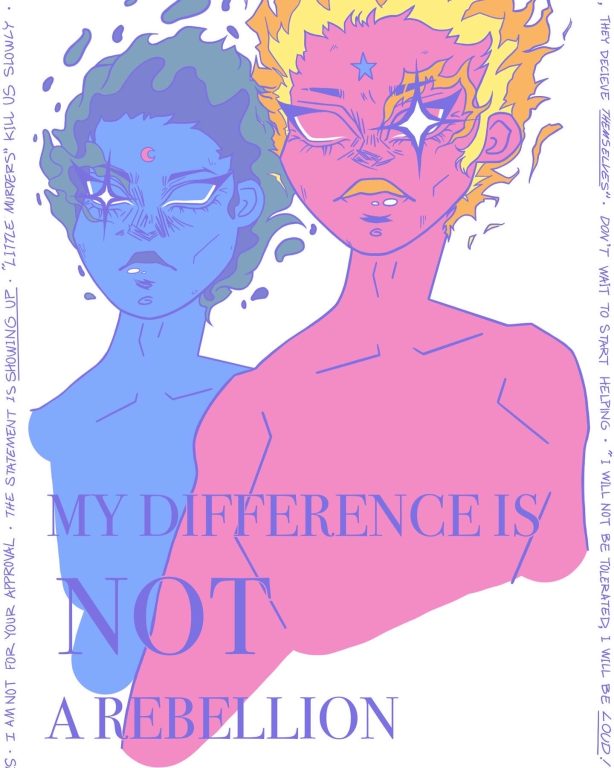 a blue and pink women next to each other who look fierce on a painted poster