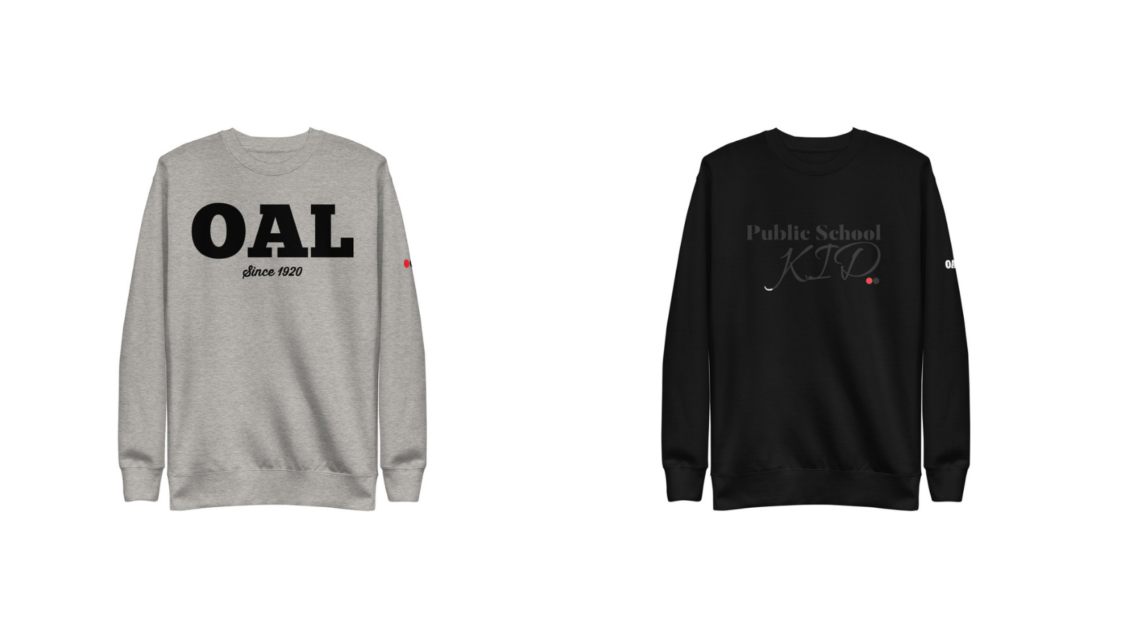 a grey sweatshirt with the letters "OAL" in simple text and a black one on the right