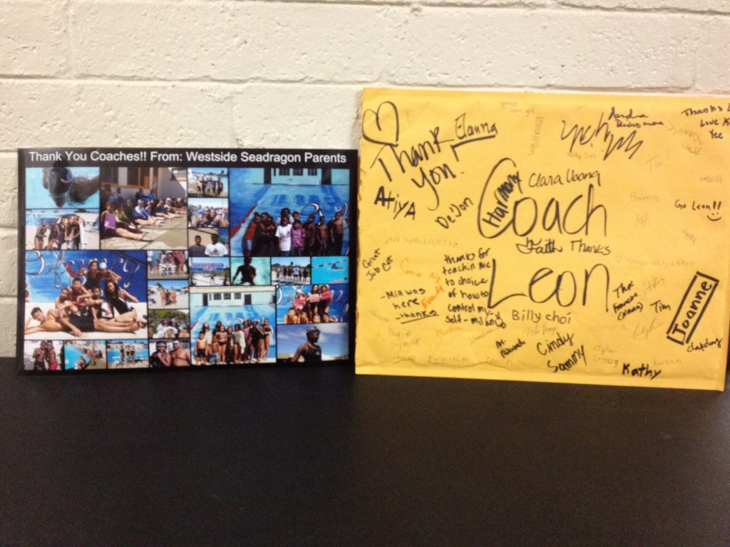 a photo collage of swimmers on the left and a bright yellow large thank you card on the right