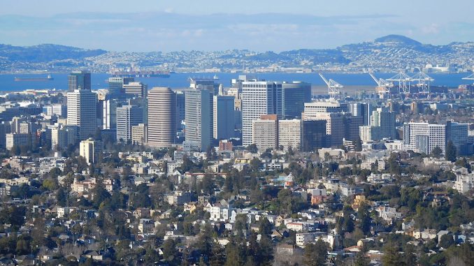 A high up view of downtown Oakland with clear skies