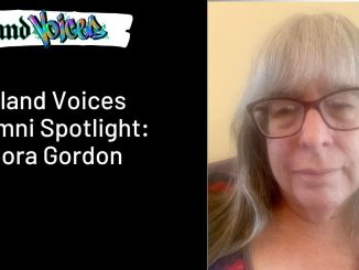 Banner with one side that says "Oakland Voices Alumni Spotlight: Debora Gordon" and a photo of a woman wearing glasses with grey hair and bangs on the right