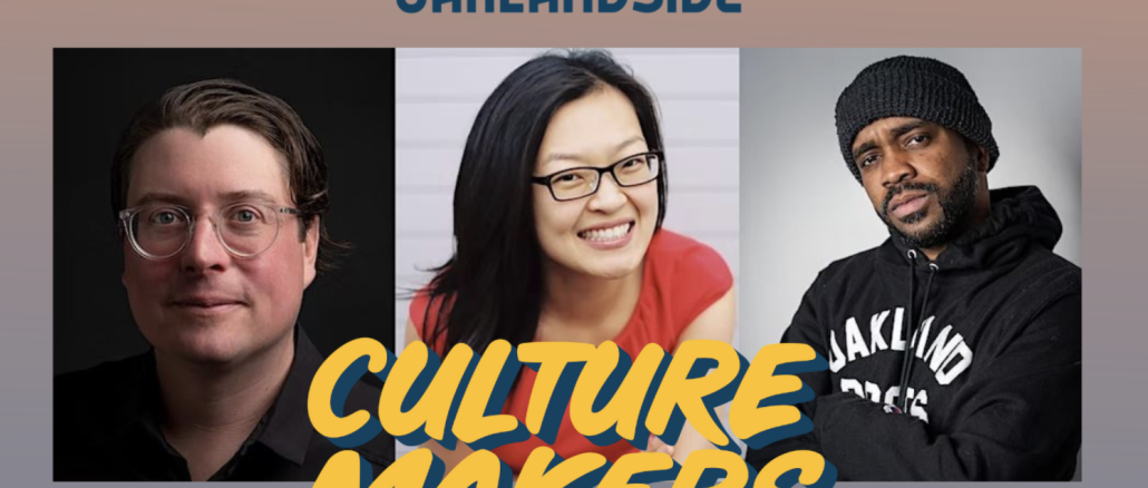 A triptych of three headshots of diverse panelists with the words "Culture Makers" in large yellow bubble letters