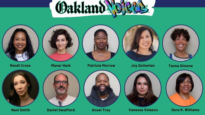 a banner with 10 peoples' headshots in circles with a green and navy blue background and the words "Oakland Voices" at the top