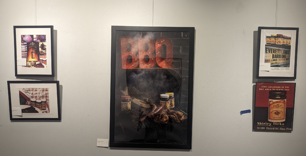 Framed images of bbq sauce in a display
