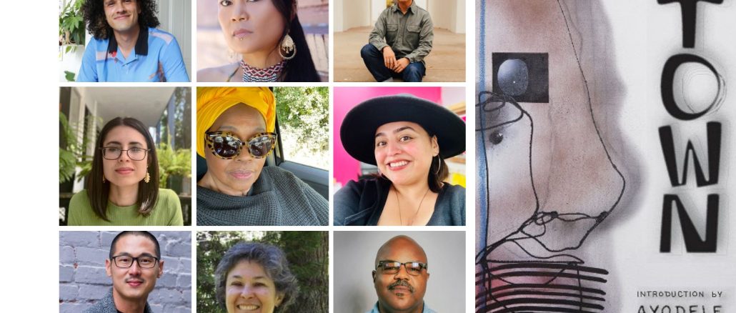 A collage of diverse Oakland writers, and a book cover titled THE TOWN