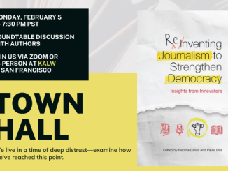 a flyer advertising a town hall about journalism and democracy