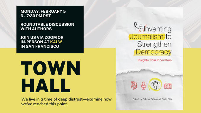 a flyer advertising a town hall about journalism and democracy